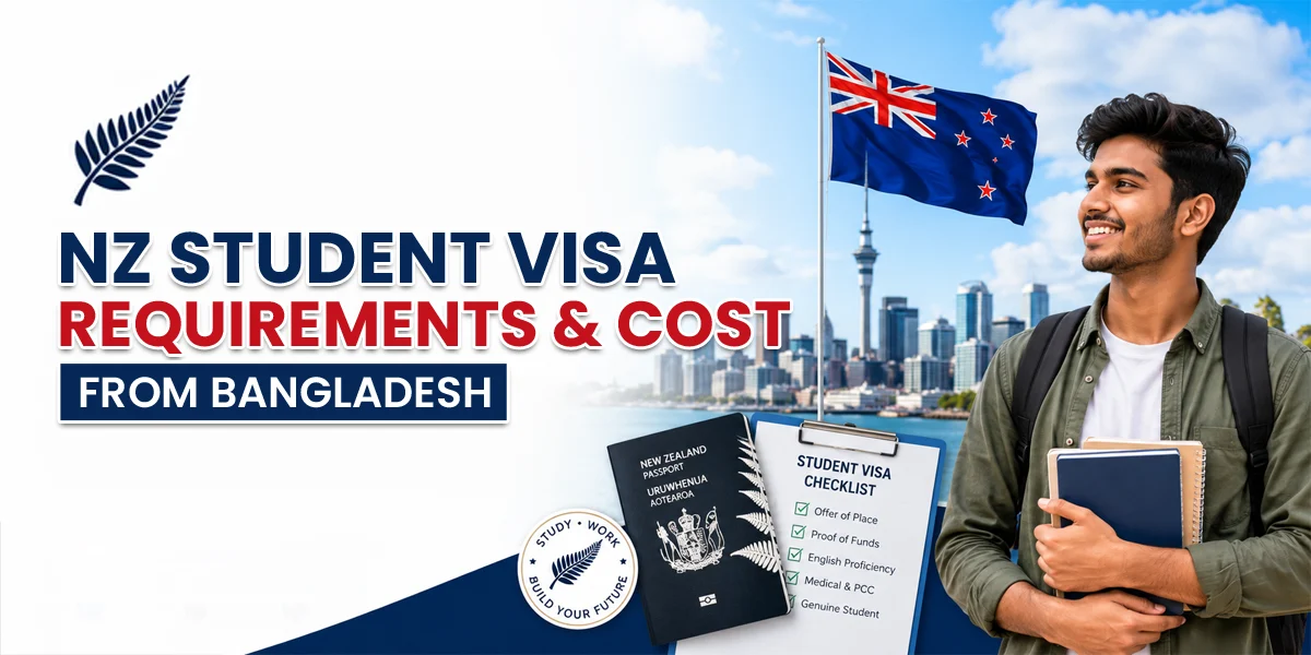 New Zealand student visa requirements from Bangladesh showing required documents, student, passport, and New Zealand skyline